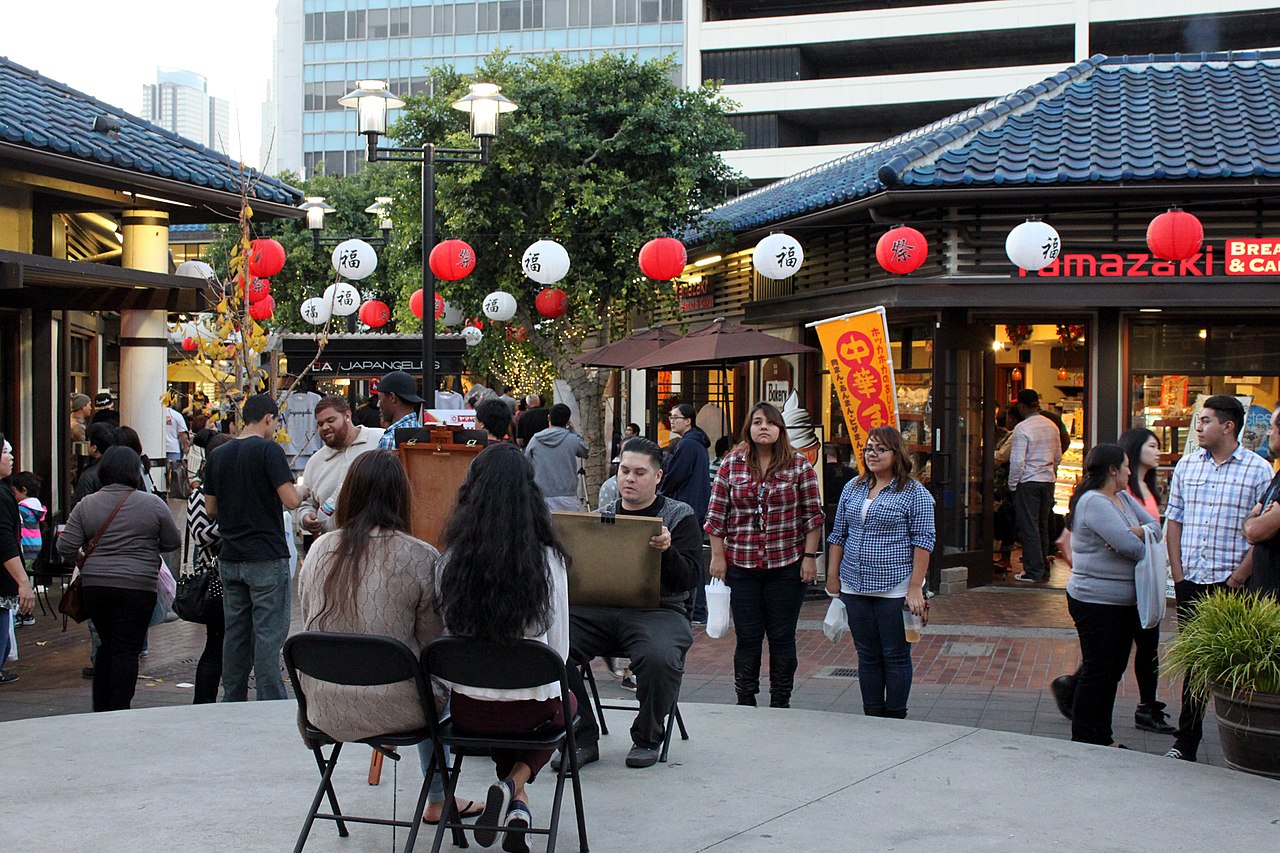 Red and white lanterns over Japanese Village Plaza in Little Tokyo